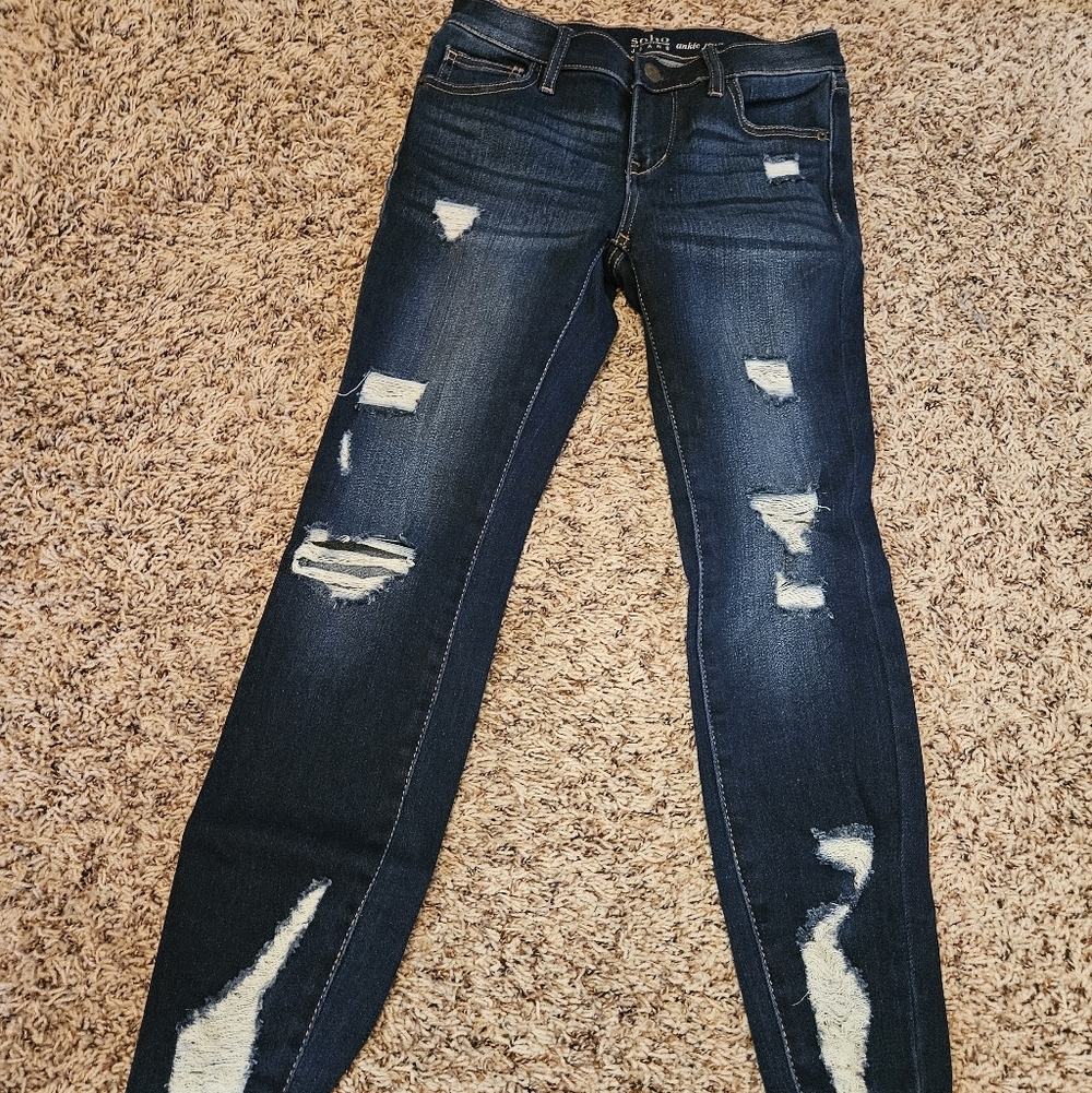 New York & Company Dark Blue Distressed Skinny Jeans